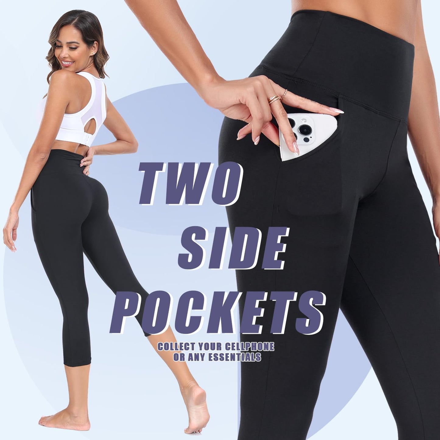 FULLSOFT 4 Pack Capri Leggings with Pockets for Women,Soft High Waisted Tummy Control Workout Yoga Pants(4 Pack Capri Rosy+Blue+Light Grey+White,Small-Medium)