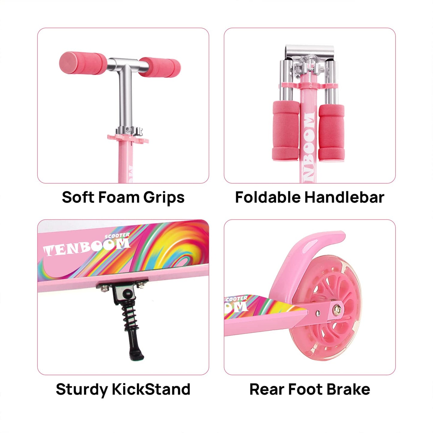 TENBOOM Scooter Toys for Kids Ages 6-12/3-5, Max Load 220 LBS, Foldable Lightweight Kick Scooter with Light Up Wheels, Kickstand, 3 Adjustable Levels, Rear Brake, Pink