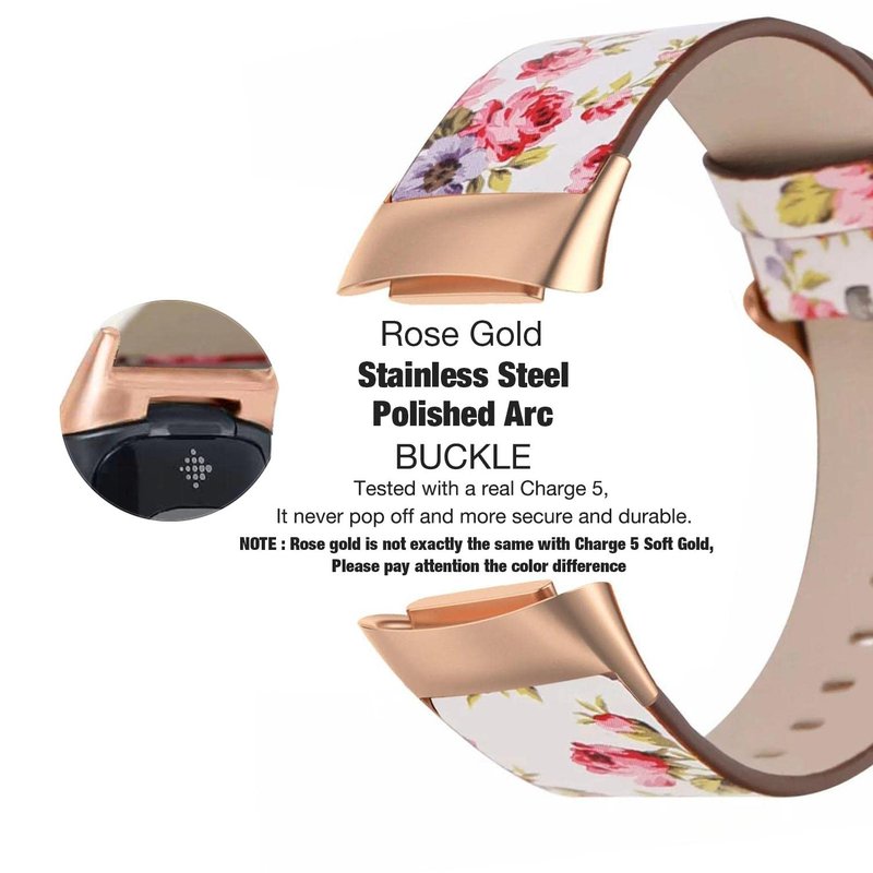 Abanen Leather Bands for Fitbit Charge 5, Floral Print Soft Leather Women Wristband Strap with Stainless Steel Quick Release Compatible with Fitbit Charge 5 (White)