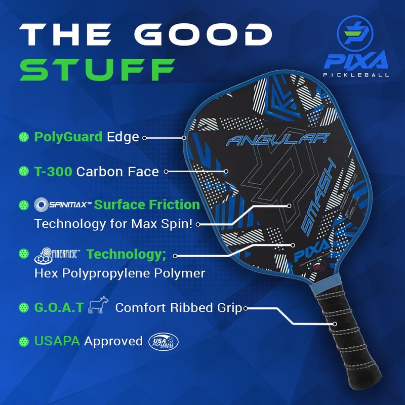 AngSmash T300 Carbon Fiber Pickleball Paddle – Grit-Textured Surface for Spin & Control, Polypropylene Honeycomb Core, Tennis-Length Handle, Lightweight, USAPA Approved – PIXA Pickleball