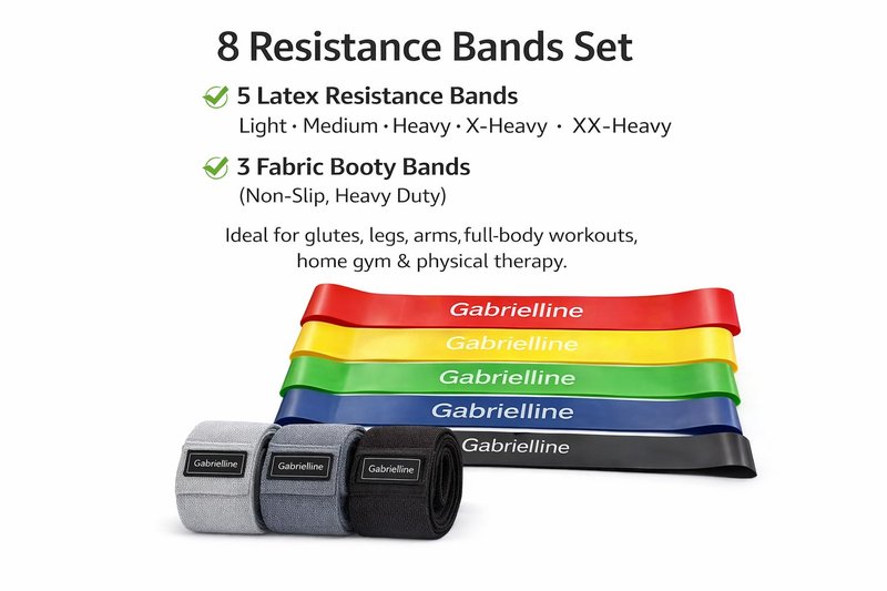 Gabrielline 8-Piece Resistance Bands Set – 5 Latex Bands + 3 Fabric Booty Bands – Full Body Home Workout Kit for Women & Men