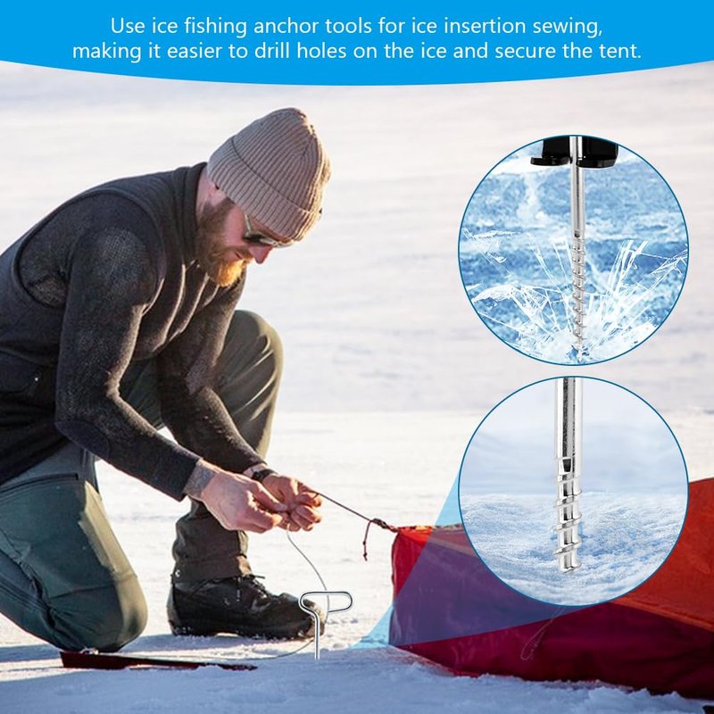 Ice Anchor Tool Kit, Ice Fishing Tent Stakes & Nails with Drill Adapter, Stainless Steel Auger Accessories Set with Threaded Gear & Protective Bag for Camping Shelters and Shanties