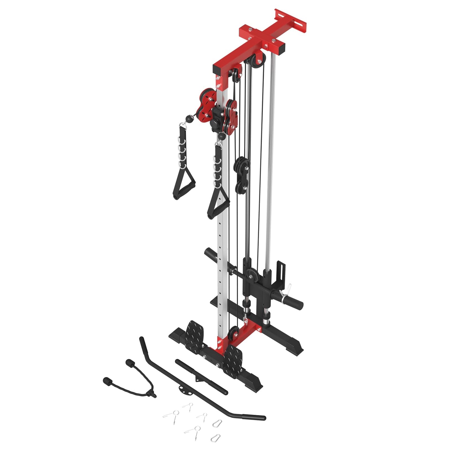 ER KANG Cable Station Wall Mount, 18 Height Pulley Tower, Dual Pulley System, High and Low Cable Machine, LAT Pull-Down & LAT Row LAT Tower with Flip-Up Footplate, Home Gym Cable Crossover(Red)