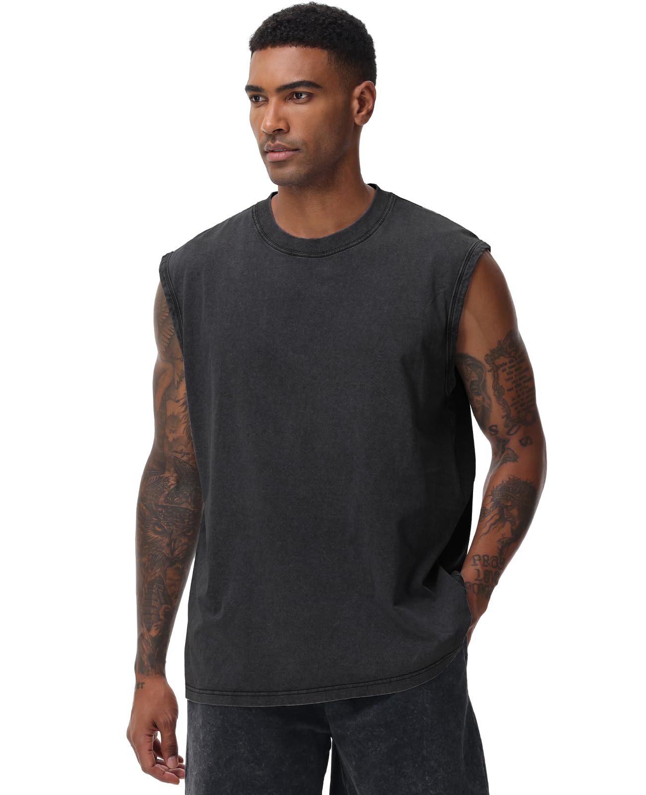 SnowElve Mens Workout Tank Tops Sleeveless Tee Shirts Men Muscle Shirt Gym Acid Wash T Shirts Running Beach Loose Fit Tee(BK,XL) Black