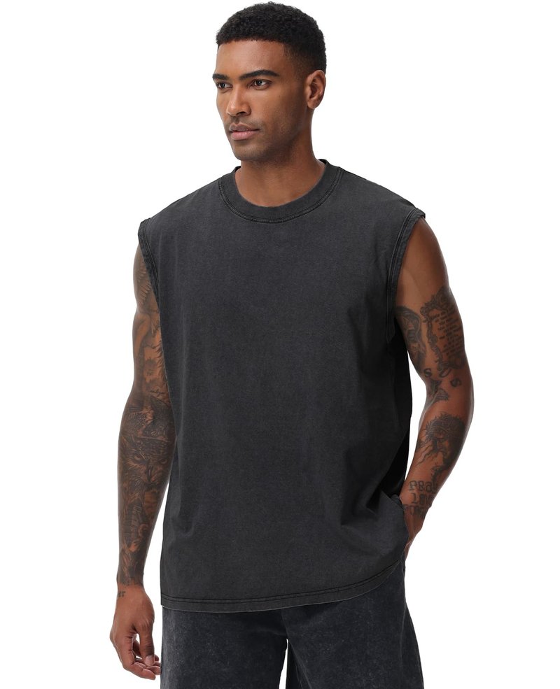 3 Pack Mens Workout Tank Tops Sleeveless Tee Shirts Men Muscle Shirt Gym Acid Wash T Shirts Running Beach Loose Fit Tee(BK-3PC,2XL)