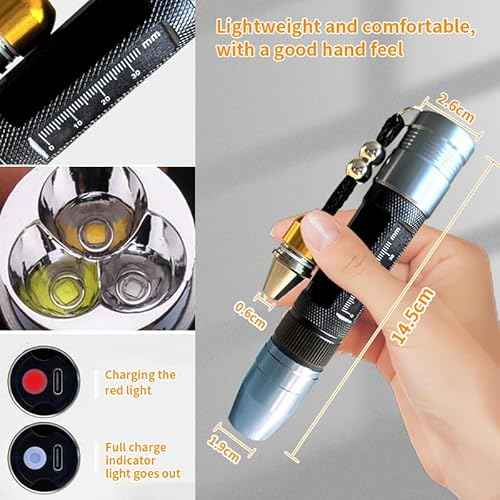 LED Rechargeable Three Light Source Jade and Jewelry Appraisal Flashlight, 365NM Ultraviolet Gemstone Jade Beeswax Detector, White, Yellow, and 365 Purple Light Multifunctional Flashlight.