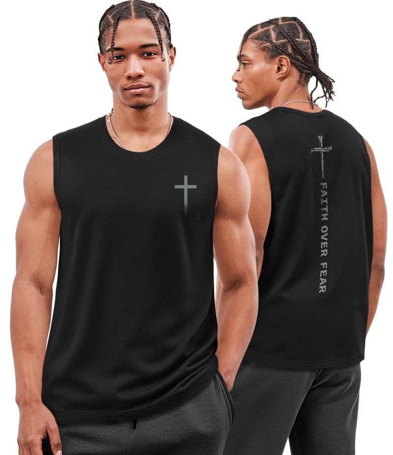 Flafens Tank Tops Men - Sleeveless Shirts for Men Graphic Cotton Mens Tank Tops Summer Tanktop Casual Loose Fit Tanktop Christain Mens Sleeveless Tee Shirts for Workout Running Sports, L, Faith
