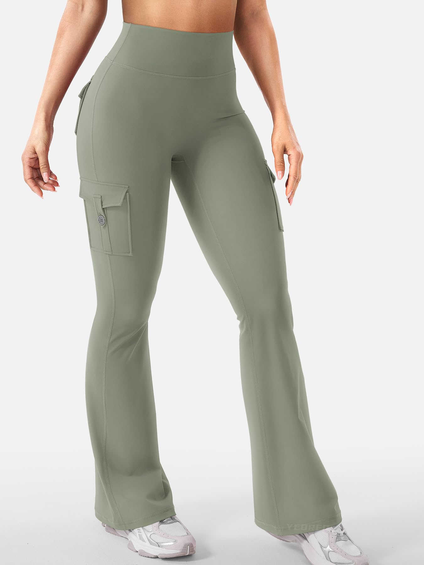 YEOREO CoreFlex Women Workout Flare Leggings with Pockets Hidden Scrunch High Waisted Cargo Gym Yoga Leggings Light Army Green XXL