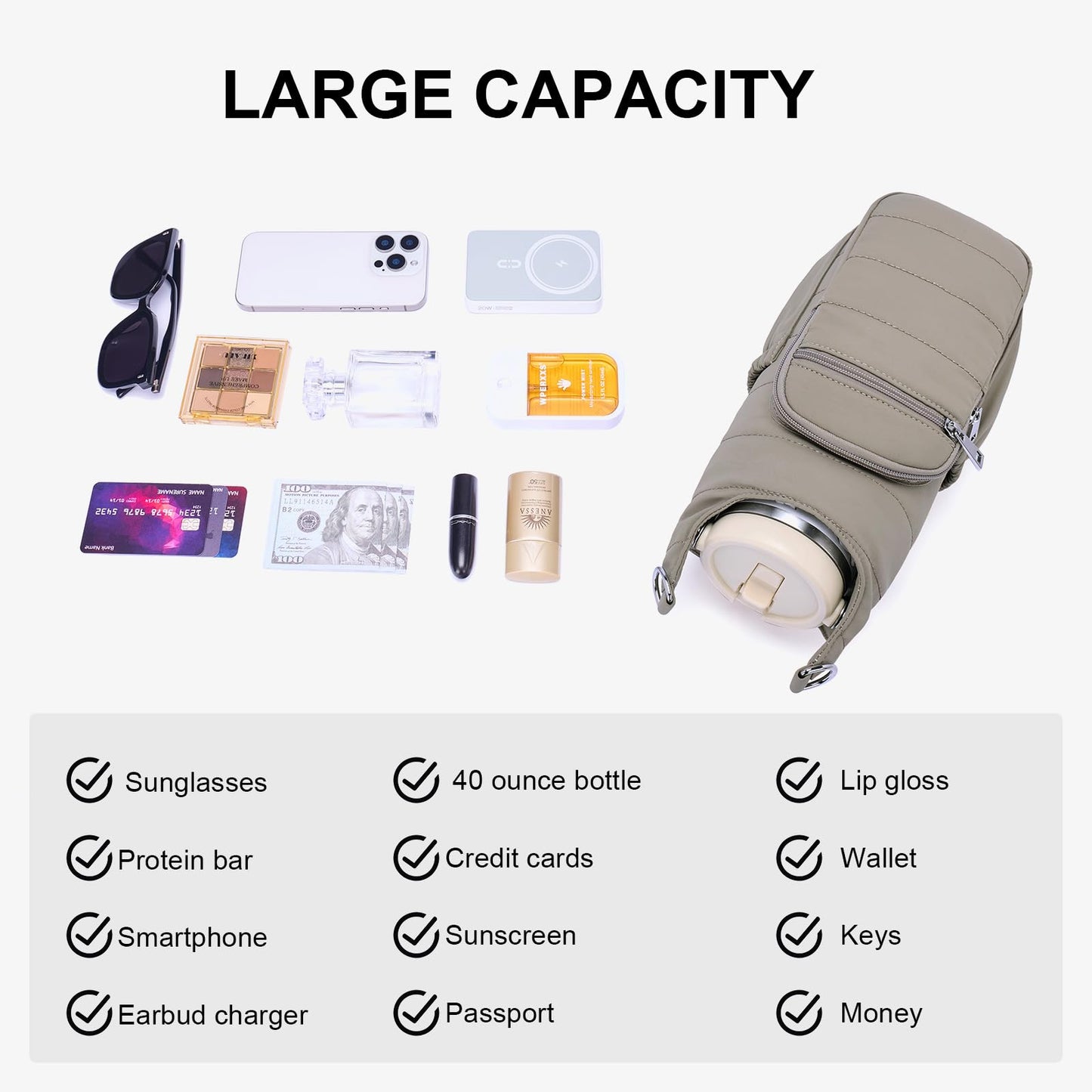 Lexiyat Water Bottle Bag 40 oz Crossbody Bag Insulated Carrier Purse Holder for Walking Hiking with Adjustable Strap Khaki