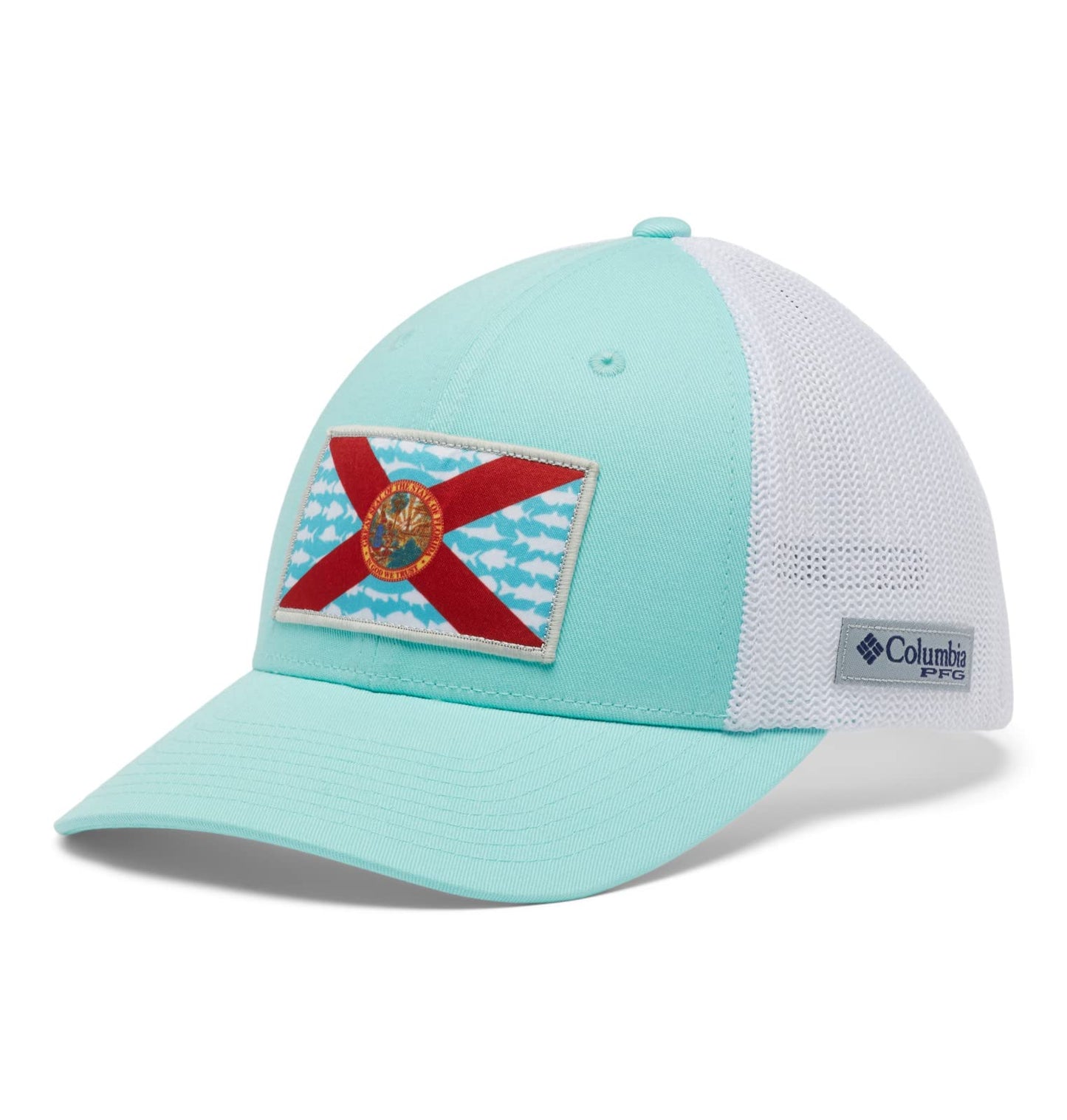 Columbia Unisex PFG Mesh Fish Flag Ball Cap, Gulf Stream/White/FL Fish Flag, Small/Medium