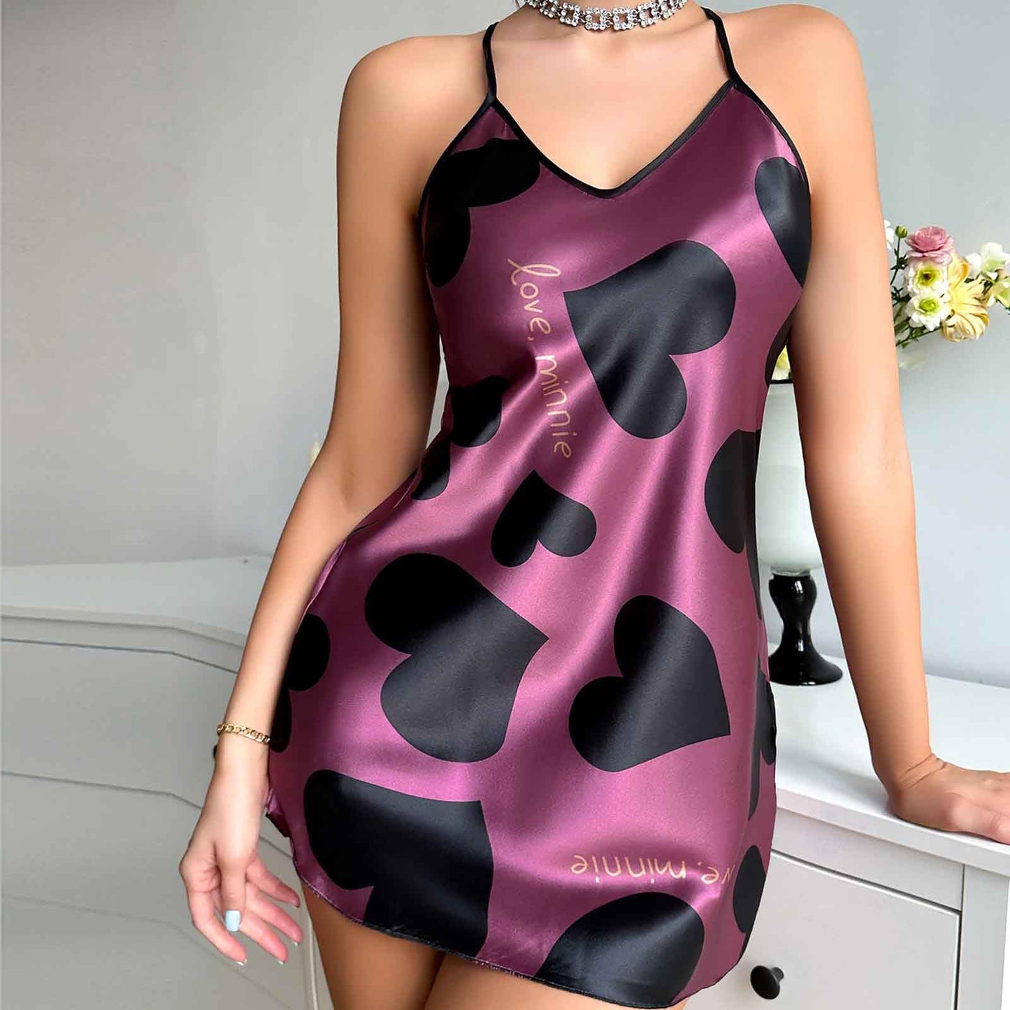 Womens Nightdress Fashion Print Sexy Backless Ice Silk Sling Pajamas Dresses Nightgowns Chemise Sleepwear Lingerie Style003 Purple Small