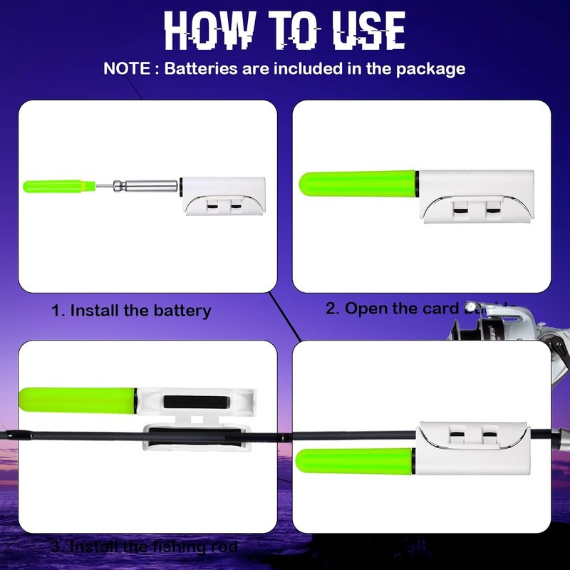 Glooglitter Fishing Glow Sticks - 6 LED Night Fish Alert Lights with 8 Rechargeable Batteries & Charger