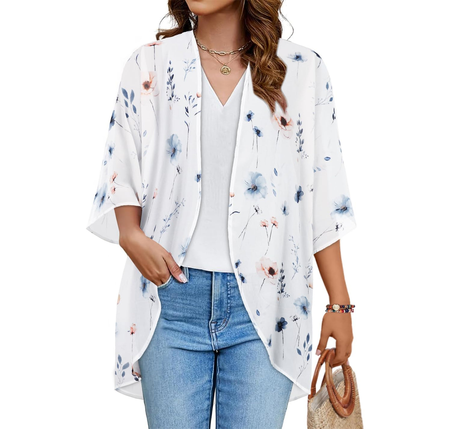 Women's Floral Kimono Cardigan Cover Up Casual Tops,White Blue Flower,3XL