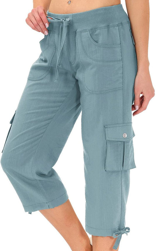 MoFiz Womens Capris with Pockets Loose Fit Casual Capri Pants Dressy Lightweight Ladies Baggy Cargo Pants for Hiking Grey Blue 4XL