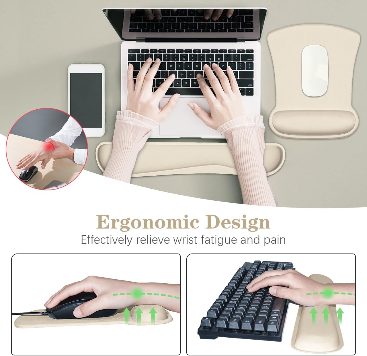 Ergonomic Wrist Rest Support - Comfortable Memory Foam Keyboard Pad & Soft Gel Mouse Pad | Pain Relief for Gaming & Office, Apricot