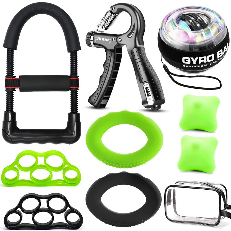 Hand Grip Strengthener Workout Kit (10Pcs) Forearm strengthener Hand Gripper Strength Trainer, Finger Exerciser Stretcher Training, Gyro Ball Wrist Strengthener, Stress Relief Ball for Men and Women
