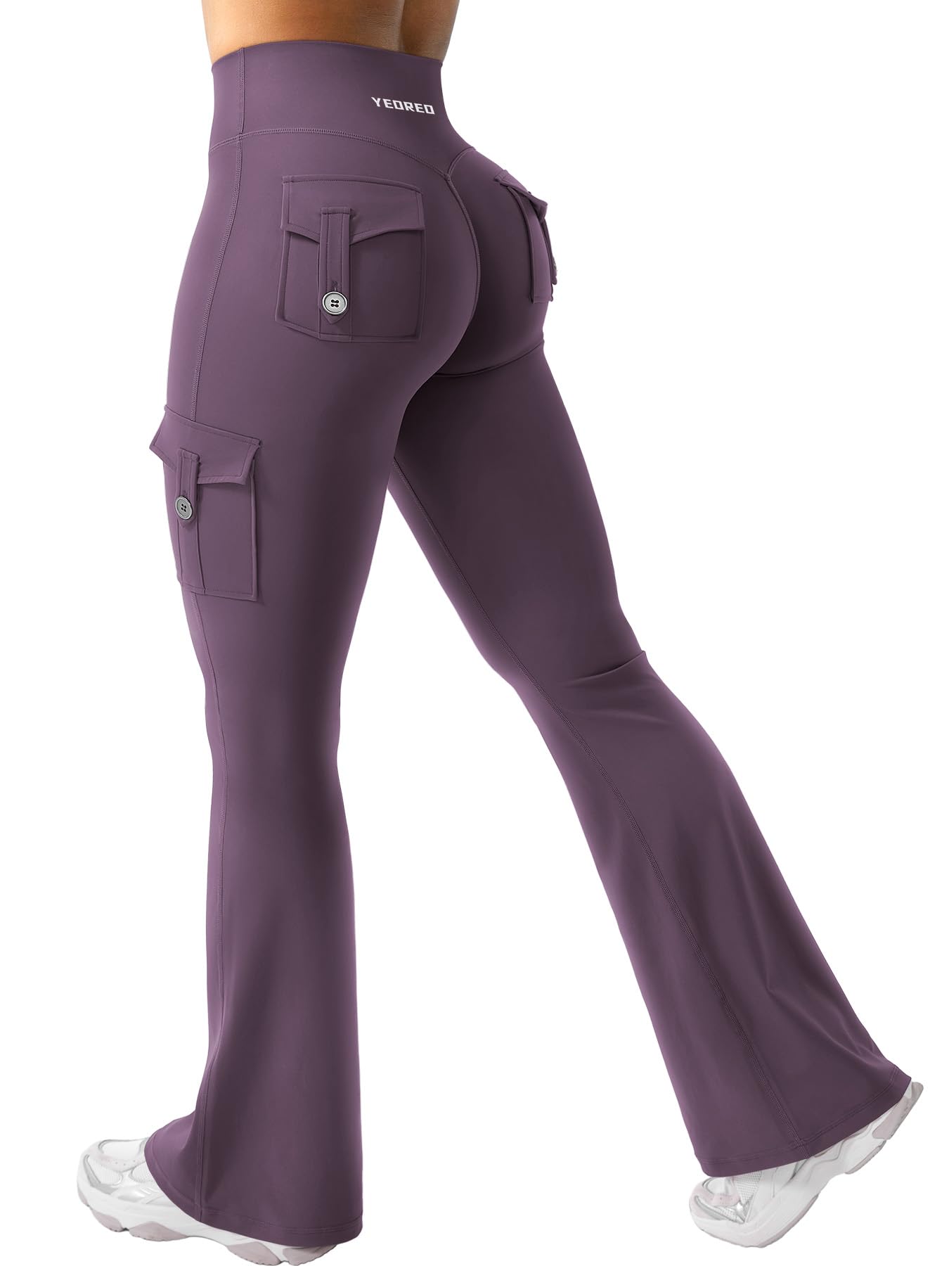 YEOREO CoreFlex Women Workout Flare Leggings with Pockets Hidden Scrunch High Waisted Cargo Gym Yoga Leggings Dark Berry XS