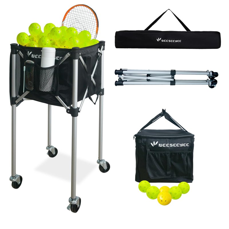 NEESEEYEE Portable Tennis Ball Hopper Tennis Ball Basket with Wheels Basket Hold Up to 160 Racquetball, Pickleball, Baseball, Badminton