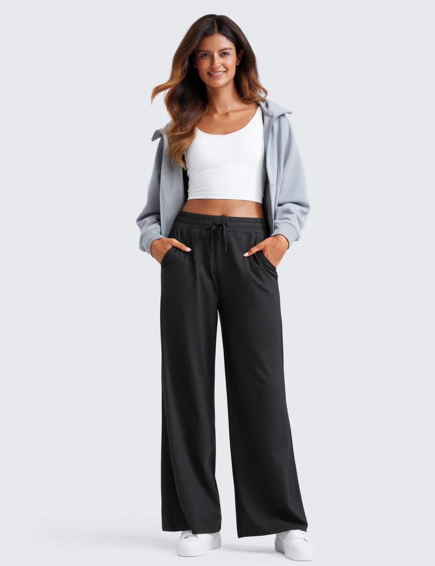 CRZ YOGA Cloud Jersey Wide Leg Sweatpants Women 30" High Waisted Casual Lounge Pajama Travel Pants with Pockets Black Medium