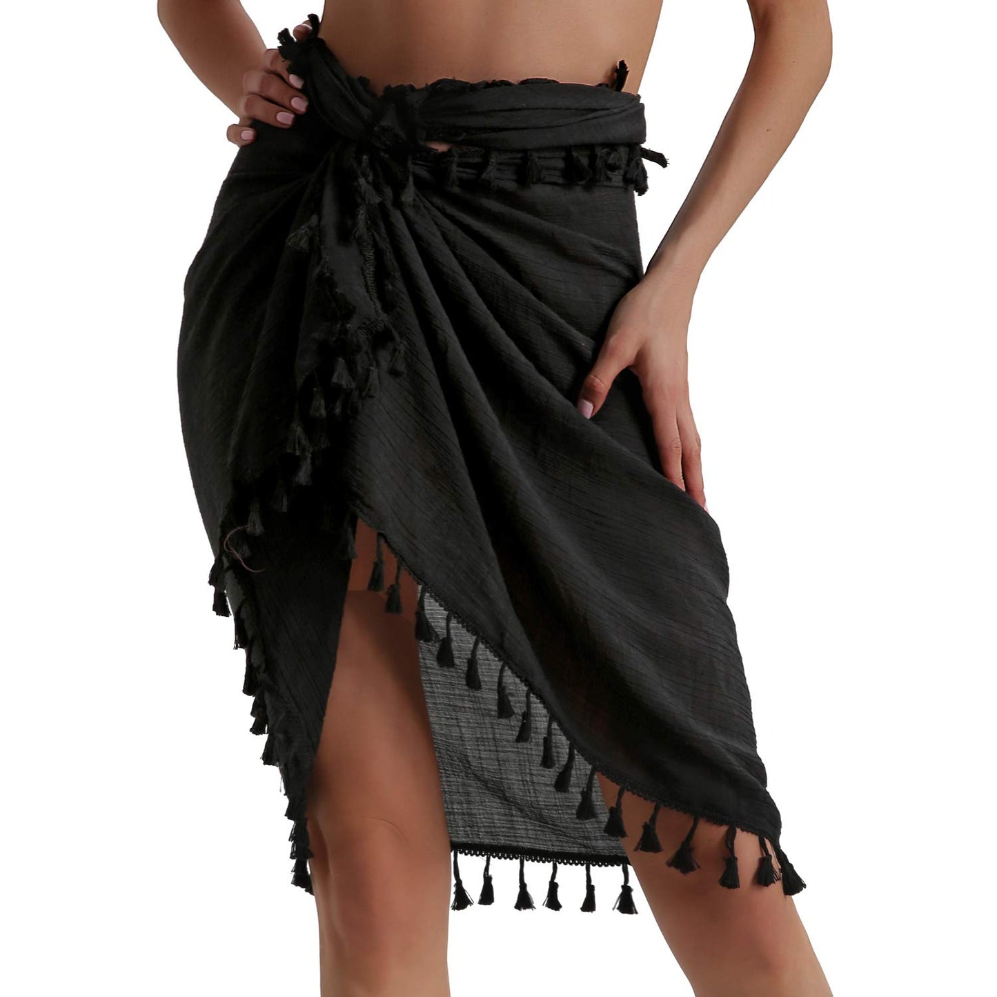 Eicolorte Beach Sarong Pareo Womens Semi-Sheer Swimwear Cover Ups Short Skirt with Tassels