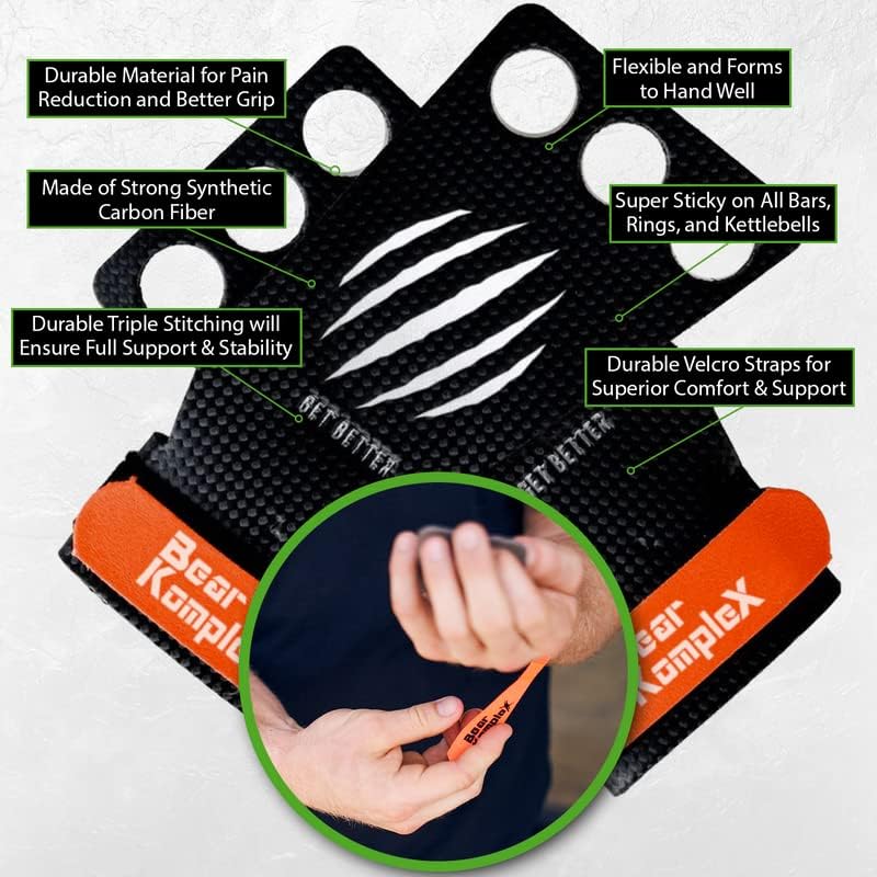 Bear KompleX Carbon Hand Grips - Durable Weight Lifting & Cross Training Straps for Gymnastics | Comfortable Wrist Wraps