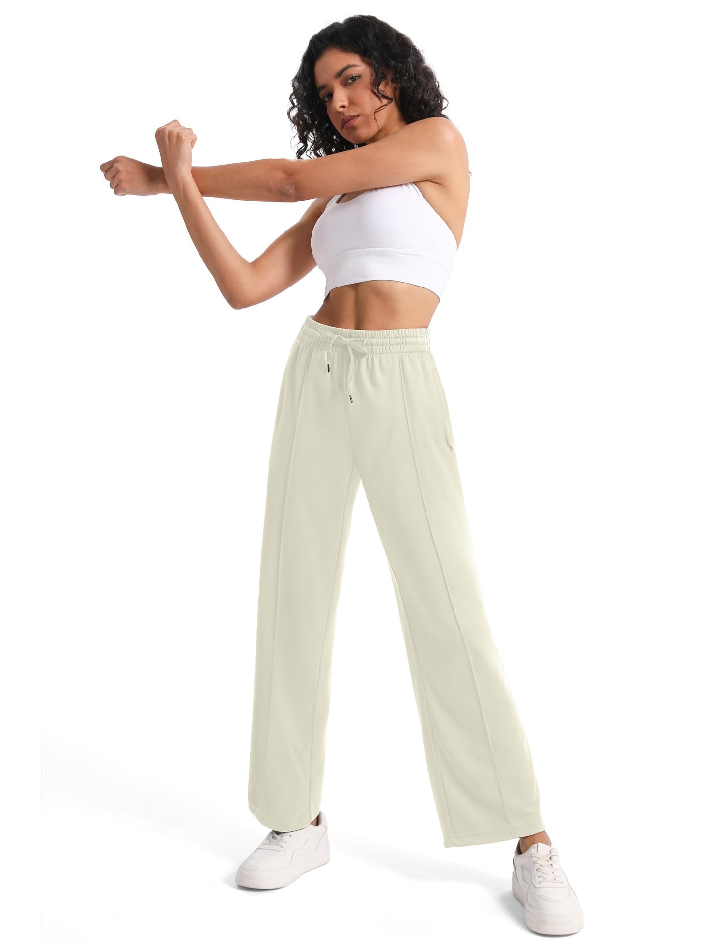 Tapata Petite Women's 28" Inseam Casual Pants Track Athletic Sweatpants Warm Up Loose Side Stripe Street Slacks, Beige, S