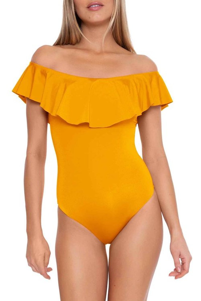 Trina Turk Monaco - Women's Ruffle Bandeau One Piece Swimsuit, Off Shoulder, Bathing Suits for Women, Mellow Yellow, 14