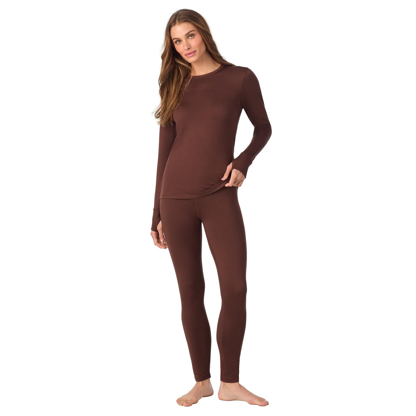 Cuddl Duds Womens Heavyweight Fleece 2 Piece Long Sleeve Thermal Underwear Set – Shirt & Leggings Base Layer for Cold Weather – Winter Clothing Long Johns Lounge Sets for Women, Chocolate Brown, S