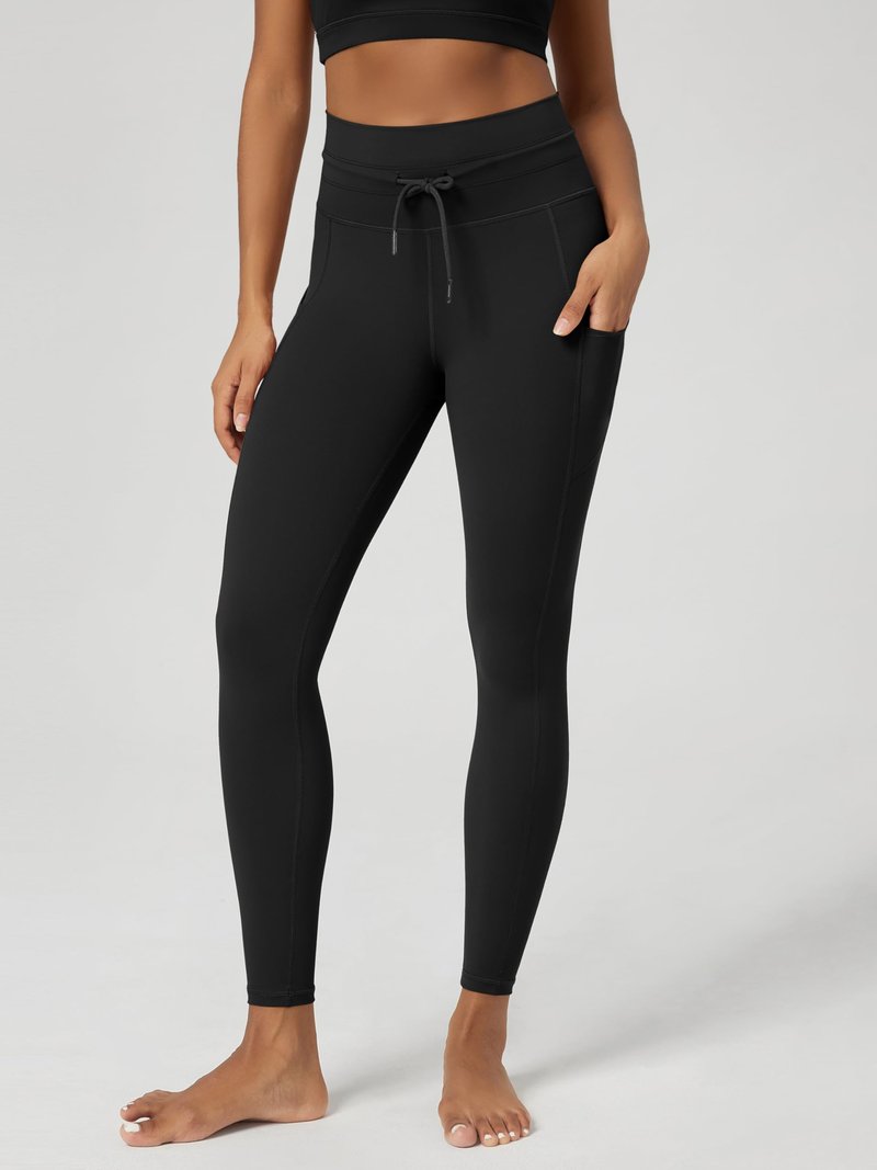 ODODOS Women's Drawstring Tie Pocket Leggings 25" Inseam 7/8 Length High Waist Workout Yoga Pants, Black, Small