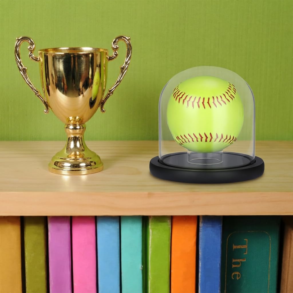 GUSHBIN Softball Display Stand Glass Ball Holder with Acrylic Stand Clear Round Baseball Holder Sport Collection Showcase Box for Tennis Pool Balls Golf Balls