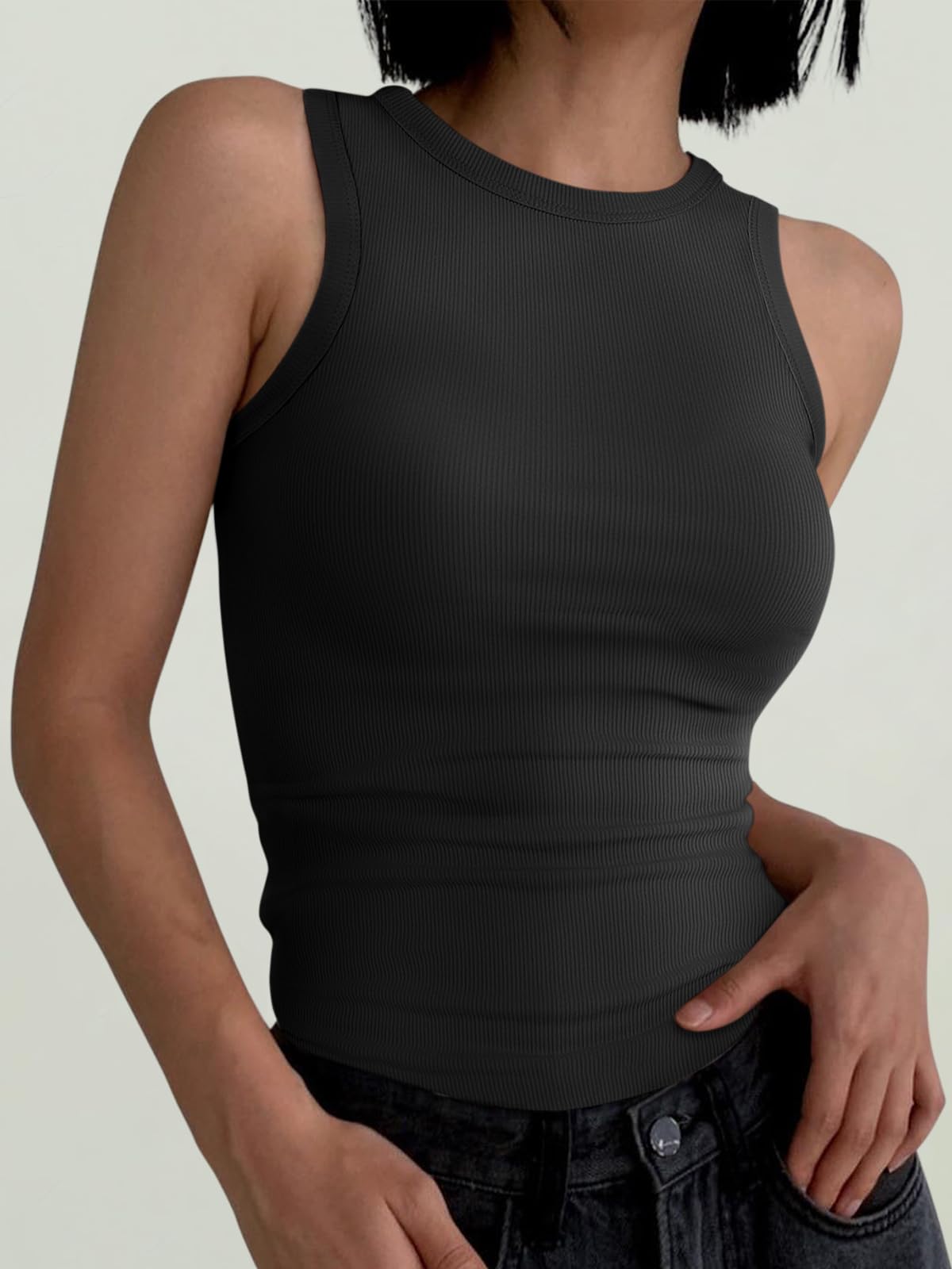 ANRABESS Womens Sleeveless High Neck Tank Tops Fashion Summer Casual Basic Slim Fit Ribbed Racerback Top Shirt Clothes Black-XL