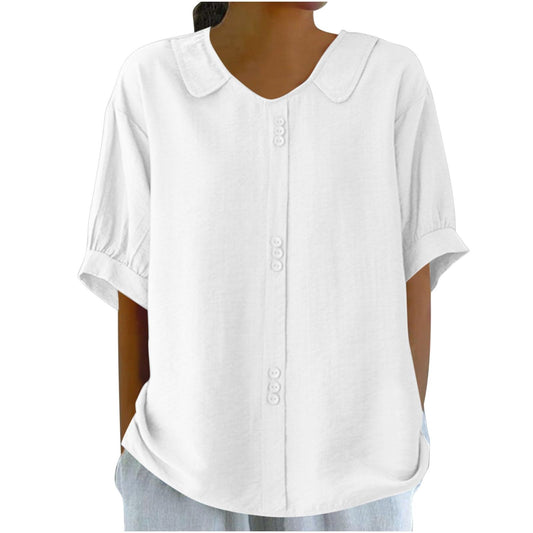 Generic Women's Summer Cotton and Linen Thin Breathable Tops Loose Plus Size Short Sleeve Lapel T Shirt Summer (X2-White, XXL), XX-Large