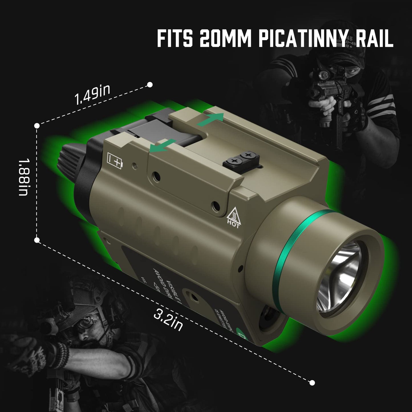 Feyachi LF-58 Green Laser Tactical Light Combo 200 Lumen LED Flashlight Laser with Picatinny Rail Mount for Pistol Handgun Rifle(Sand)