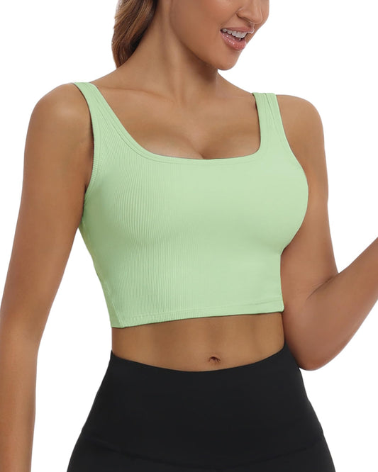 HORISUN Womens Tank Tops Wirefree Padded Longline Sports Bra Built in Bra Workout Crop Tops Square Neck Ribbed Fitness Running Gym Yoga Bra Top,Green,XL