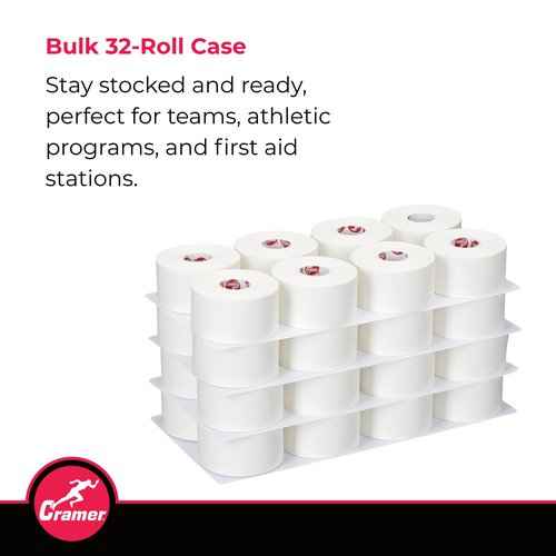 Cramer Team Color Athletic Tape, White, For Ankle, Wrist, and Injury Taping, Helps Protect and Prevent Injuries, Promotes Faster Healing, Athletic Training First Aid Supplies, 1.5", Bulk 32 Roll Case