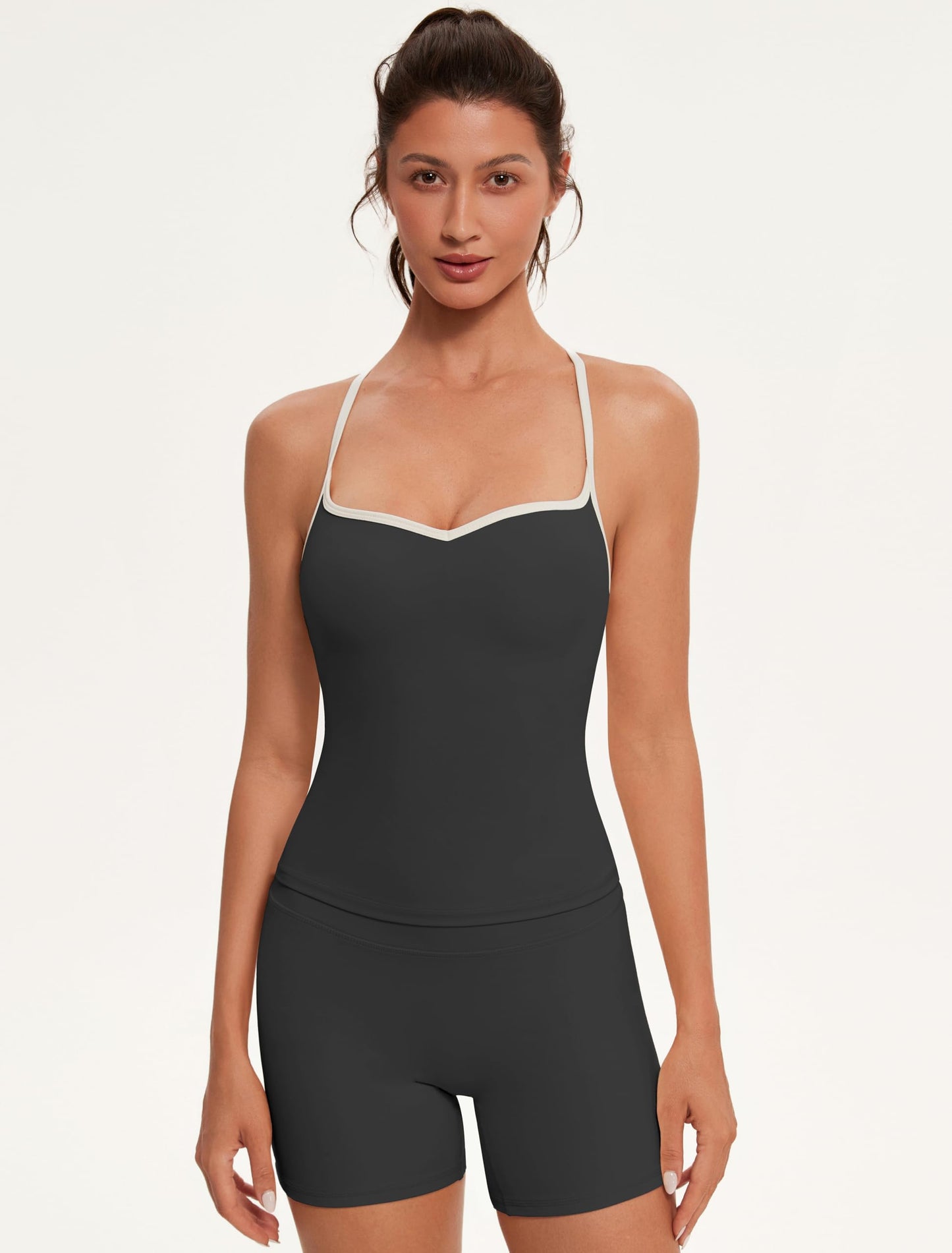 OMKAGI Sports Bras for Women Cute Sweetheart Neck Workout Tank Tops Open Back Yoga Bra Top(L, 546-Black)