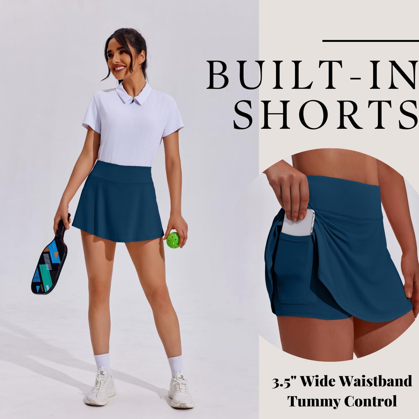 PINSPARK Tennis Skirts for Women Workout Golf Skorts Pleated High Waisted Athletic Skirt with Pockets,Dark Blue X-Small