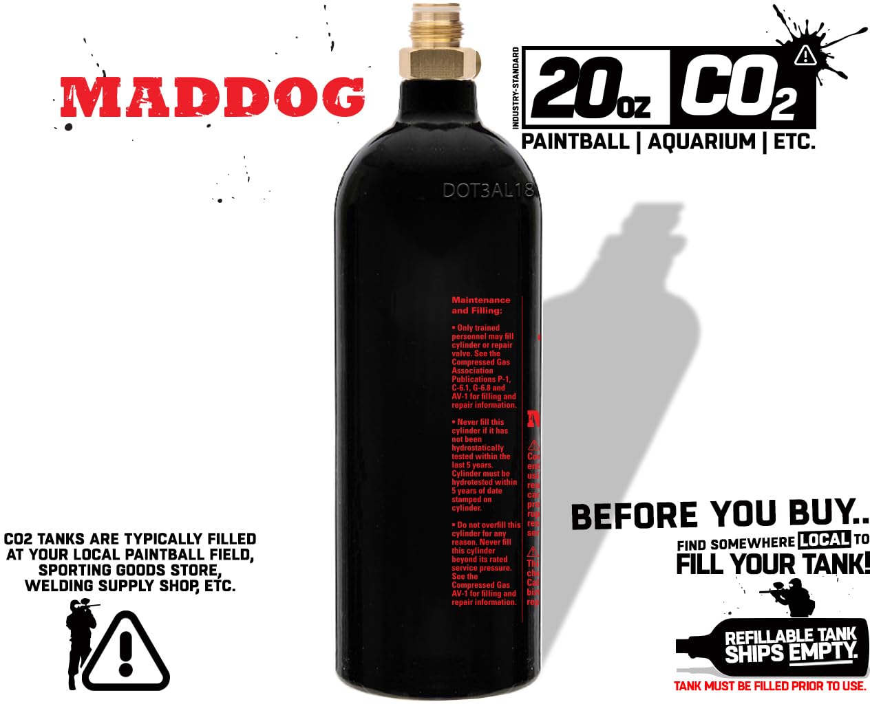 Maddog 20 Oz Refillable Aluminum CO2 Paintball Tank - Ships Empty - 1 Pack