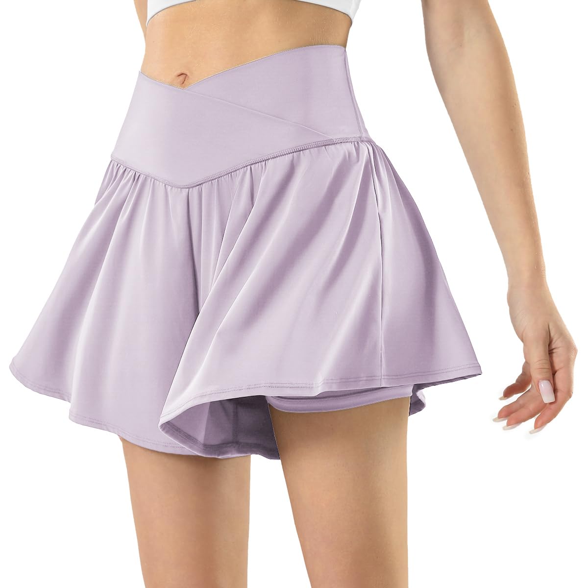 Maxbee Womens Tennis Skirt with Pockets Crossover High Waisted Athletic Shorts Golf Skorts Flowy Running Workout Shorts Purple