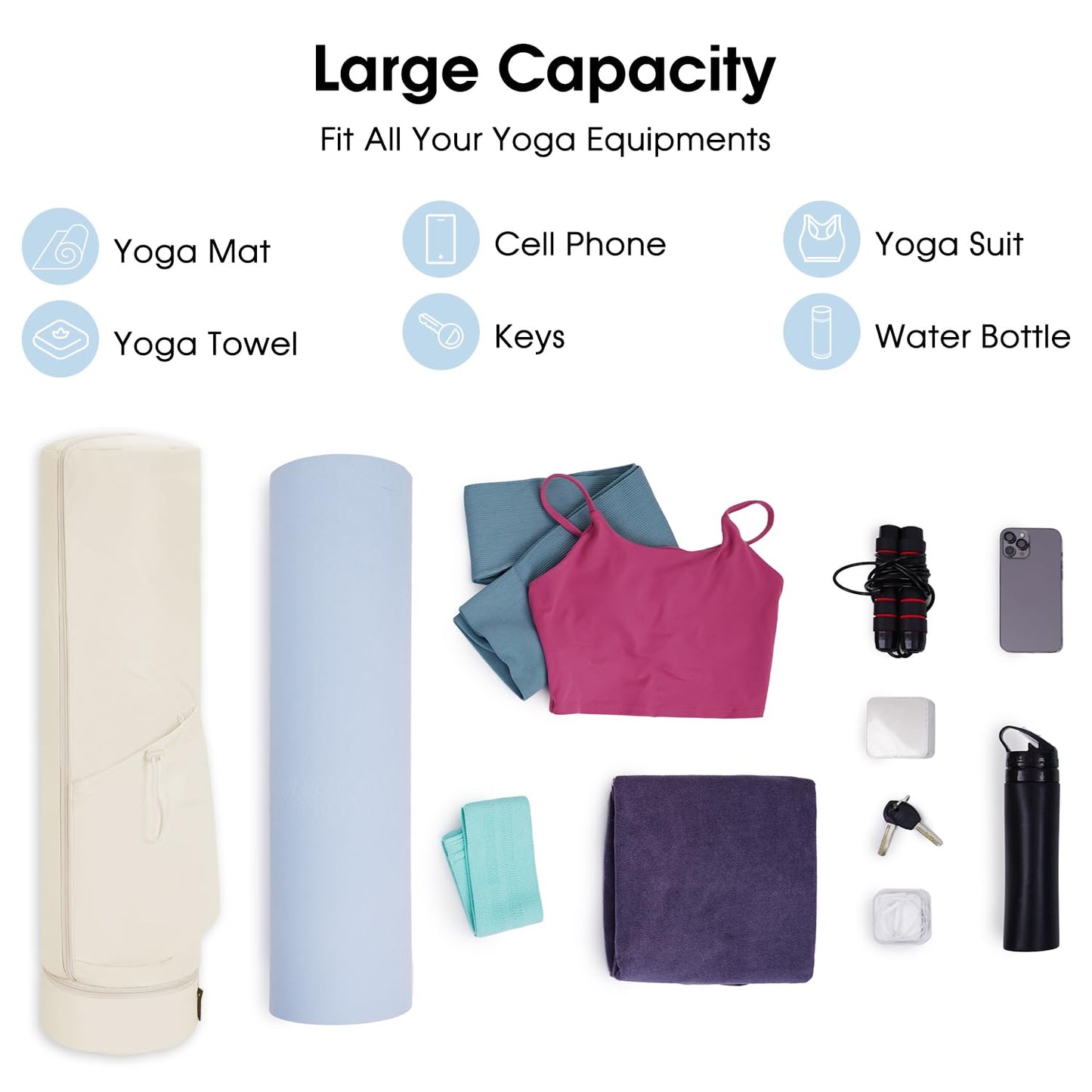 sportsnew Yoga Mat Bag, Full Zip Cargo Yoga Mat Carrier Bag with Drawstring Water Bottle Pocket and Bottom Wet Pocket, Yoga Mat Carrier Holder Multi-Functional Storage Bag, Beige patent pending