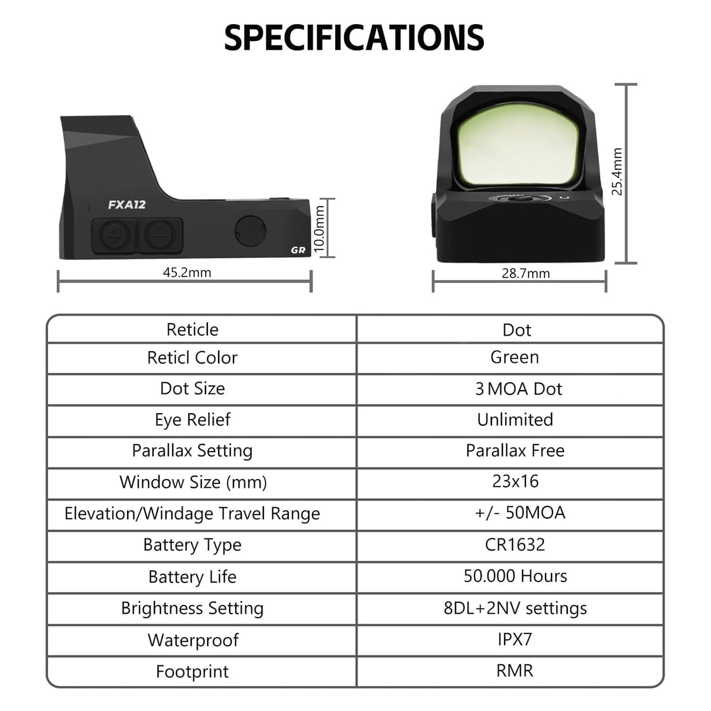 Foxarmy FXA12 Green Dot Sight for Pistol - RMR/407C Footprint Reflex Optic with Shake Awake & Lock Mode - 3 MOA Dot - 6061-T6 Aluminum, IPX7 Waterproof