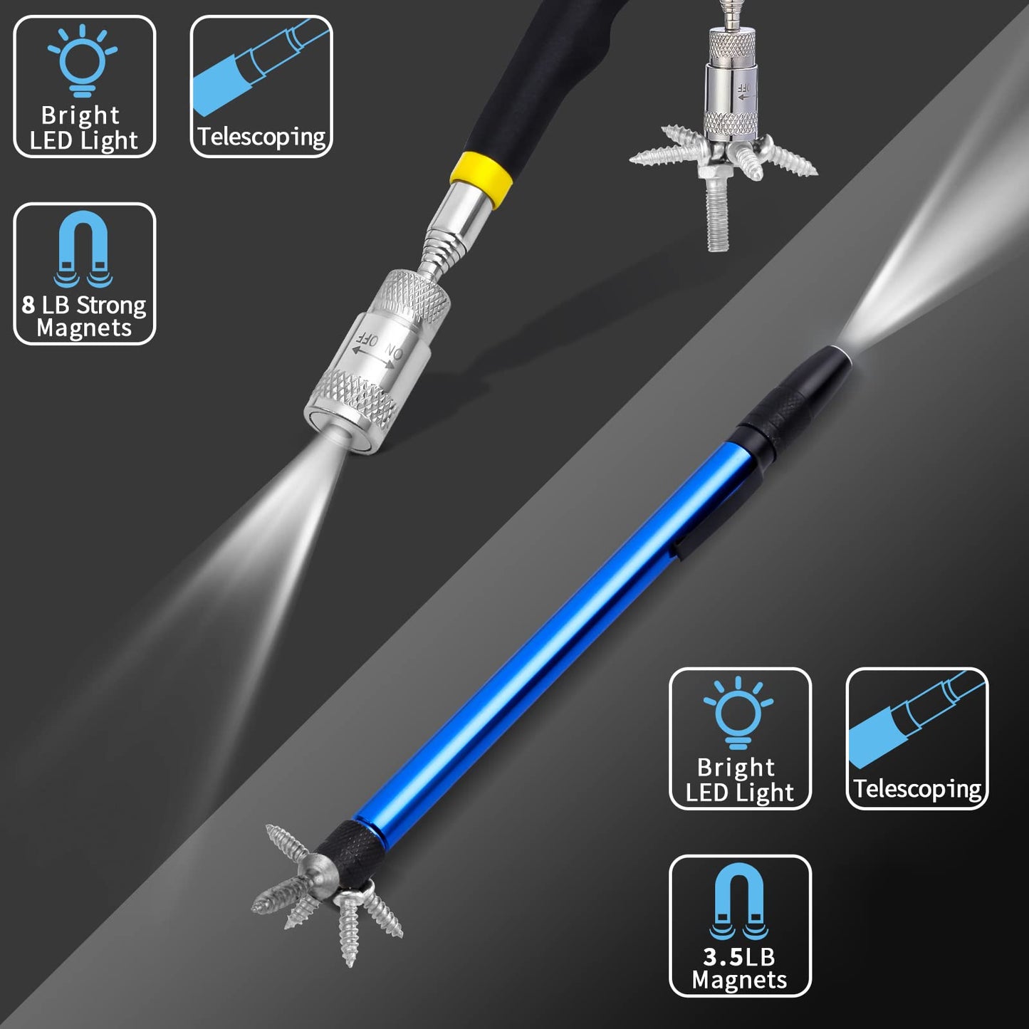 Rechabite 5 Pieces Telescoping Magnetic Pickup Tool Set, 1.5LB 15LB Pick-up Rod, 3.5LB 8LB Tools with LED Light, 10LB 360° Swivel Picker, Strong Magnet Stick Kit for Men Father Gift