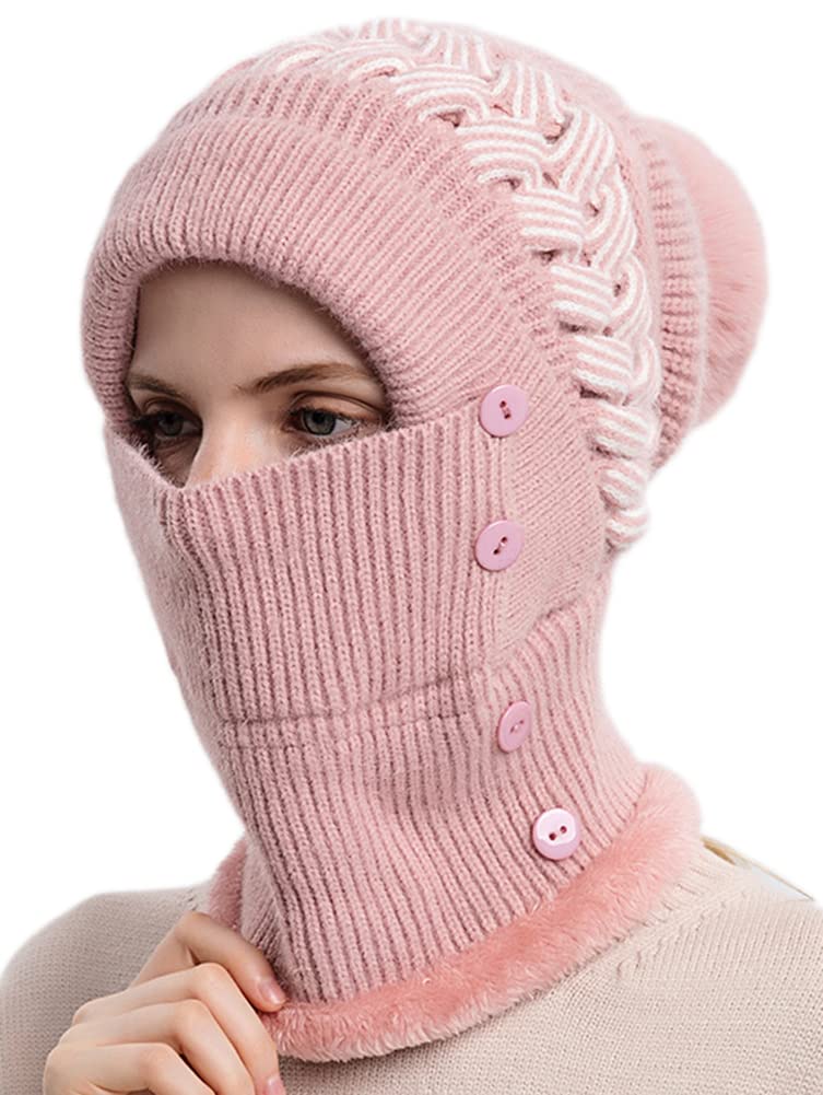 Women One Piece Slouchy Fleece Beanie Hats Scarf Mask Warm Winter Knitted Hat Thick Skull Ski Cap