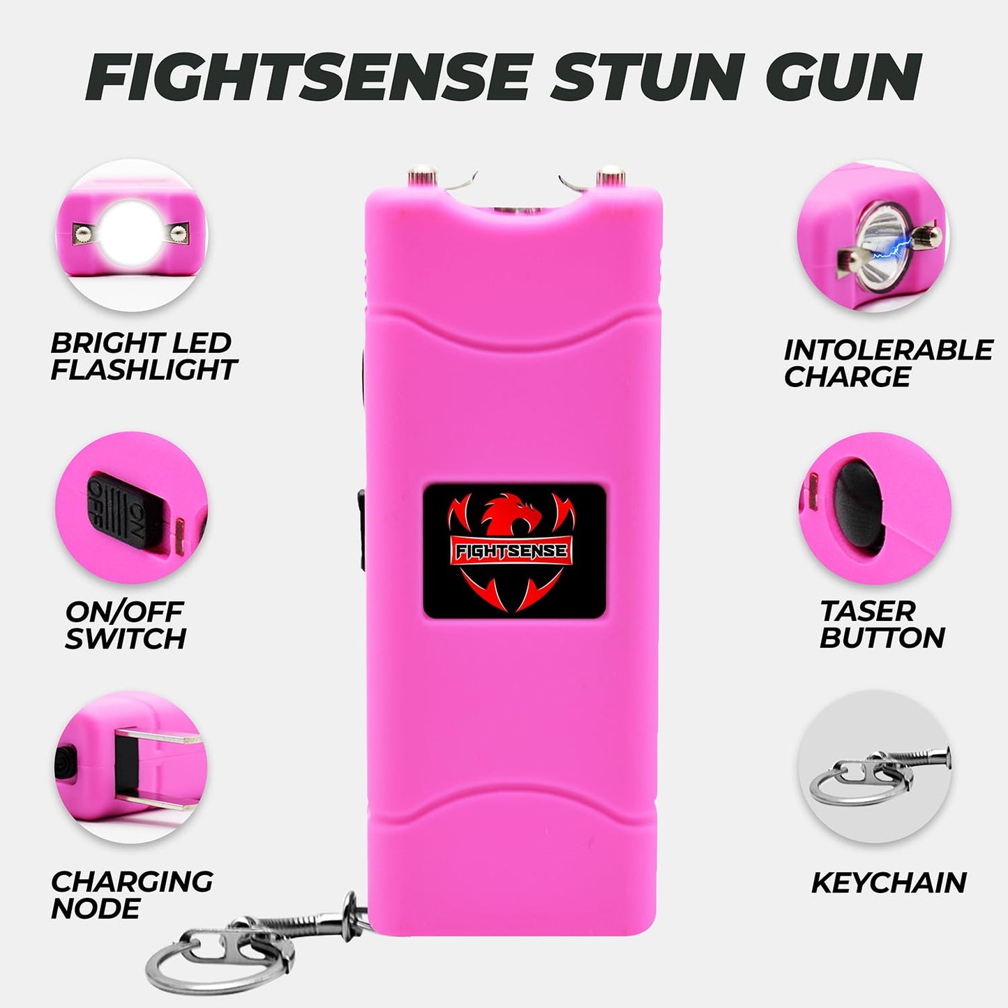 FIGHTSENSE Super Heavy Duty Keychain Stun Gun with Flashlight for Men and Women self Defense Device, Rechargeable Stun Gun, Nylon Holsters (Pink)