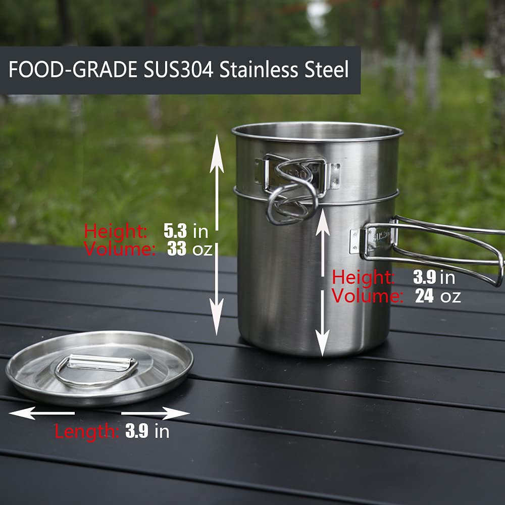 KOKKOYA 2 Piece Set Foldable Camping Cups & Mugs Camping Pot Cookware 304-Food-Grade Outdoor Camp Cooking Set with Vented lid,Stainless Steel Backpacking Cookware for Hunting