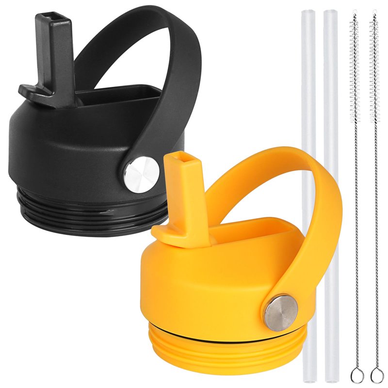 Straw lid for Yeti Rambler Water Bottle 18 26 36 64 oz, Replacement Cap Straw Cap for YETI Rambler Jr 12oz, 18 oz, 26 oz 36 oz 64 oz, Lid with Straw and Brush and Flexible Handle ﻿Black Alpine Yellow