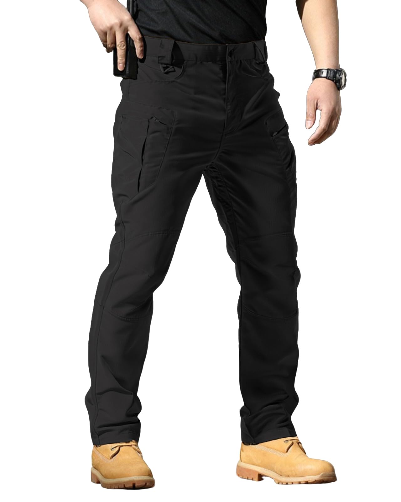 Men's Stretch Tactical Pants,Water Resistant Ripstop Cargo Pants, Lightweight Outdoor Work Hiking Pants with Multi Pockets (No Belt),Black