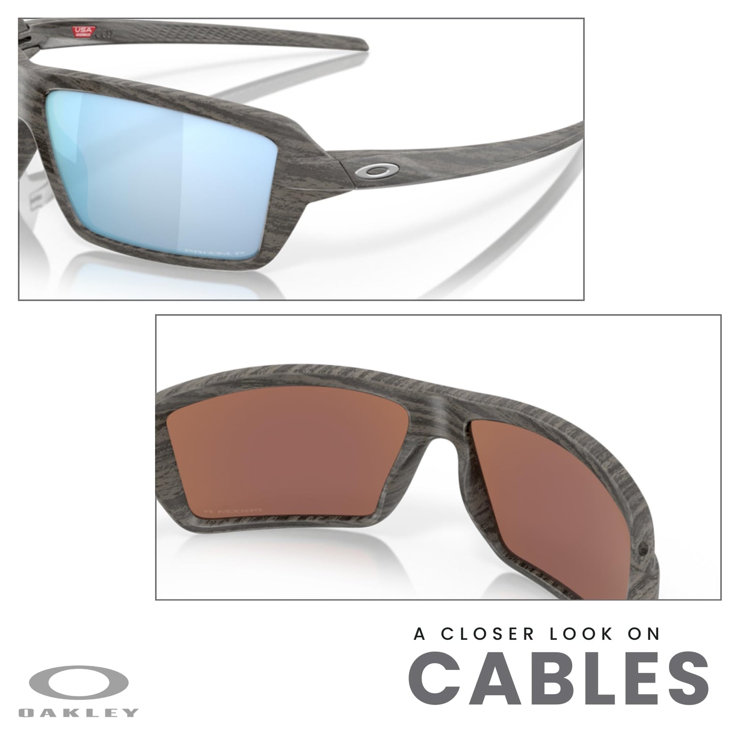 OAKLEY Cables OO9129 912906 63MM Woodgrain/Prizm Deep Water Polarized Rectangular Sunglasses for Men+ Bundle Accessory Leash Kit, Microfiber Pouch