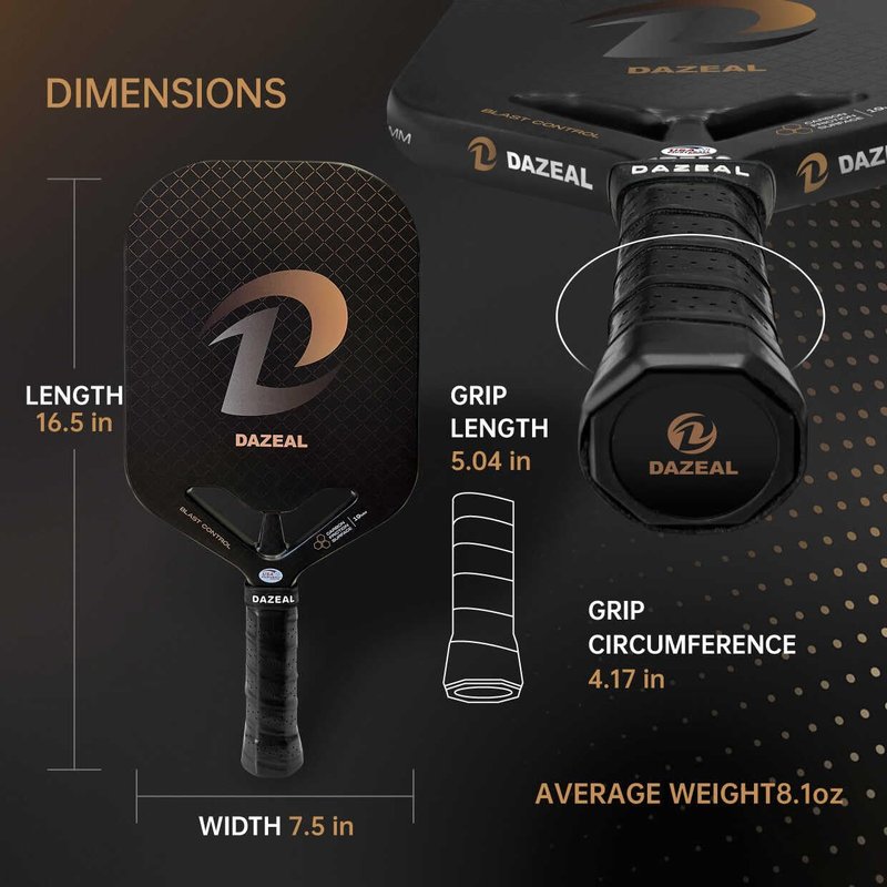 DAZEAL Pickleball Paddle USAPA Approved – Raw Carbon Fiber & 16MM Polypropylene Core – High Grit Surface for Control & Power – Lightweight Pickleball Racket Set for Men, Women, Kids, Adults