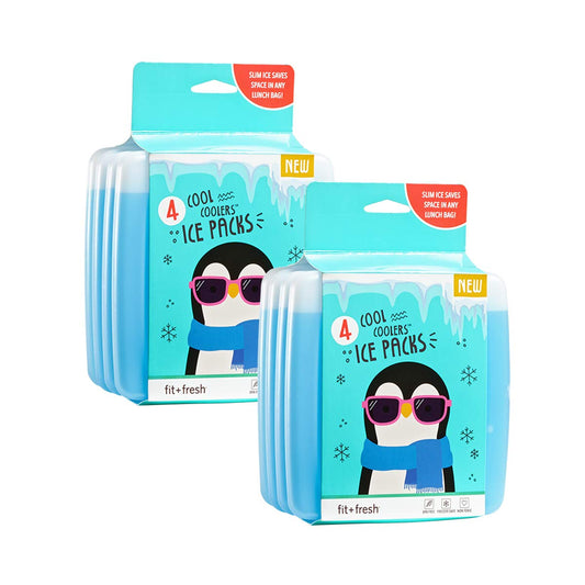 Cool Coolers By Fit + Fresh, 4 Pack Slim Ice Packs, Space Saving Reusable Ice Packs for Lunch Boxes or Coolers, Blue, 2 Packs of 4